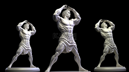 肌肉发达的男性人物在 3D 渲染的掷铁饼中引人注目的姿势