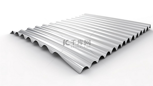 白色背景展示了由金属钢制成的屋顶镀锌波浪板的 3D 渲染