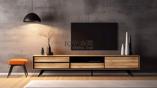 电视墙背景背景图片_室内设计的 3D 渲染，以木墙和橱柜模型上的电视为特色