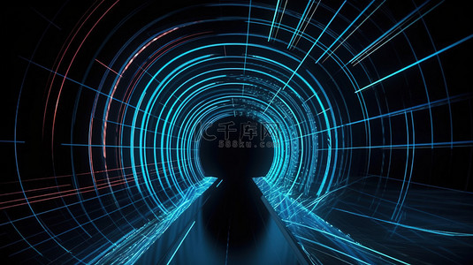无级门户方形曲线光谱蓝色波瓣虚拟现实抽象背景与 3d 渲染发光线隧道和霓虹灯