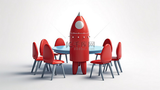 白色背景下被椅子包围的启动火箭的 3D 渲染