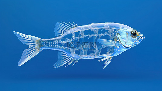 剪影钓鱼背景图片_蓝色隔离背景下时尚设计的鱼骨架的 3D 插图