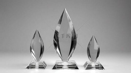 中性灰色背景上的光滑玻璃奖杯因卓越 3D 渲染而获奖