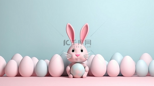 令人愉快的复活节场景，以可爱的卡通兔子耳朵和柔和的背景 3D 艺术品上的彩绘鸡蛋为特色