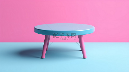 在充满活力的粉红色背景上双色调风格的现代蓝色塑料圆桌的 3D 渲染