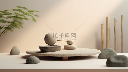 禅泉背景图片_禅宗风格的日本花园，配有平衡石，用于 3D 产品渲染