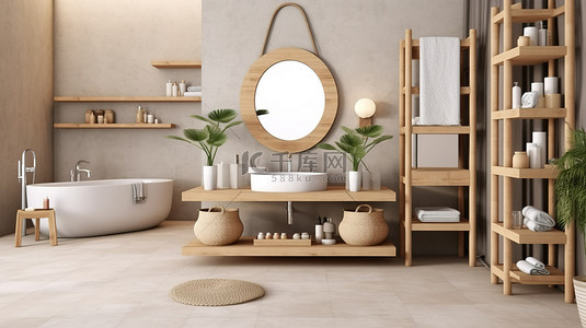浴室的 3D 渲染，配有浴缸木架和浴室配件，包括浴袍