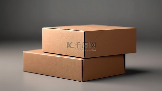 瓦楞包装样机背景图片_双棕色纸板箱模型堆叠并隔离在使用 3D 渲染技术创建的白色背景上