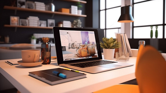 办公用品桌面背景图片_时尚的现代工作空间，配有设计师办公桌空笔记本电脑屏幕和办公用品模型 3D 渲染
