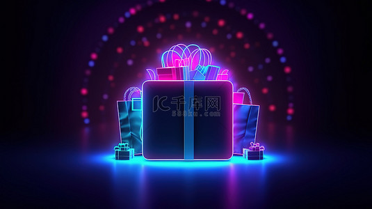 黑色星期五的超级销售礼品盒和购物袋，带有发光框架的 3D 渲染插图