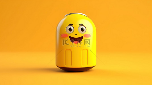 充满活力的黄色背景上可爱的电池供电的地球人物吉祥物的 3D 渲染