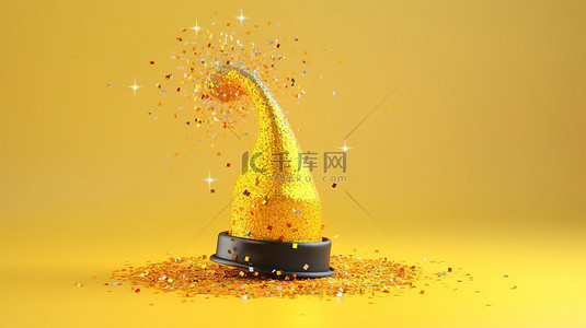梦幻般的魔杖和魔法帽子在 3D 渲染的白色和黄色背景下闪闪发光
