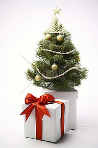 一棵小圣诞树和白色礼物中的蝴蝶结
