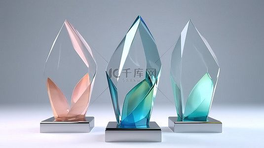 具有独立设计的玻璃奖杯奖品的 3D 渲染模型
