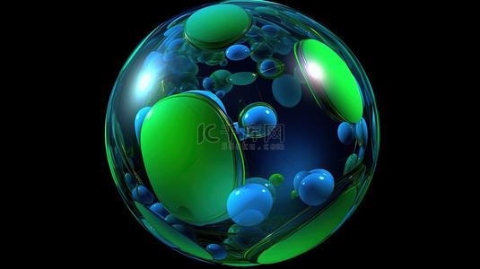 抽象设计中由众多圆圈组成的绿色和蓝色球体的未来派 3D 渲染