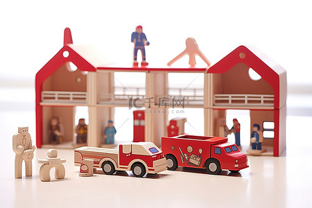 玩具交通工具背景图片_木制玩具消防站套装