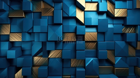 蓝色和金色的 3D 墙非常适合背景或壁纸