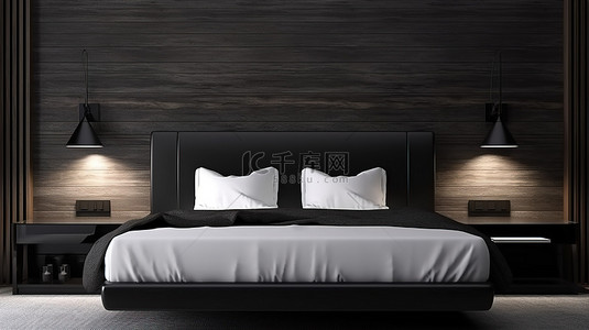 落地灯光背景图片_令人惊叹的卧室，配有美丽的灯光和黑色木板墙 3D 渲染