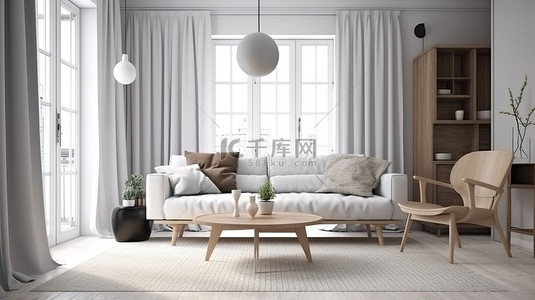 当代斯堪的纳维亚风格的家具以 3D 渲染装饰现代室内装饰