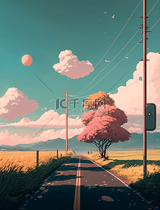 矢量树木卡通背景图片_马路云朵天空美丽的田园乡村卡通的背景
