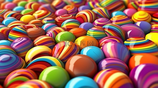 充满活力的糖果设计背景彩色巧克力糖果的 3D 插图