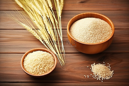 小麦大米背景图片_桌上木碗里的小麦和大米