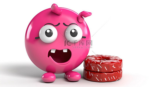 粉红色釉面甜甜圈吉祥物的 3D 渲染，白色背景上带有商业饼图