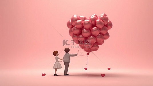 拥抱海报背景图片_一对可爱的爱情鸟拥抱在一起，同时拿着心形 3D 气球
