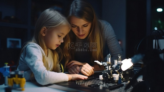 儿童探索背景图片_母女在机器人大厅探索 3D 打印