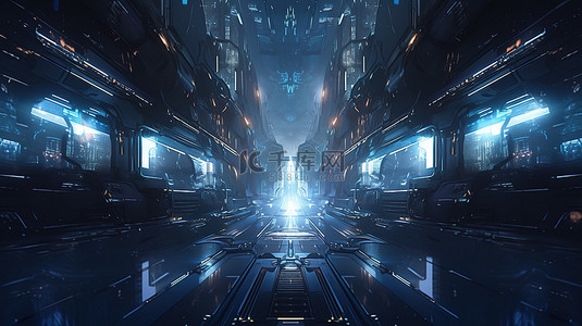蓝色和 3d 的未来派宇宙飞船通道的霓虹灯科幻描绘