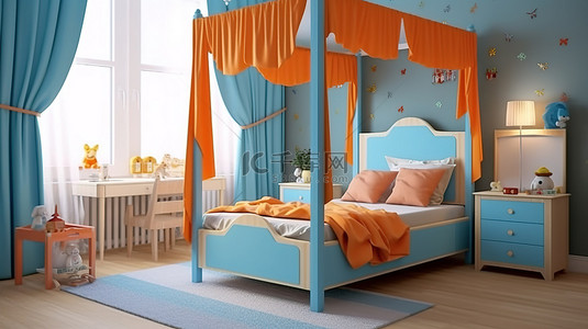 充满活力的儿童卧室设计，配有四个海报床床头柜台灯和蓝色橙色和白色室内 3D 渲染