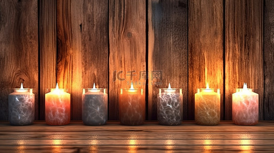 蜡烛的 3d 渲染照亮质朴的木质背景