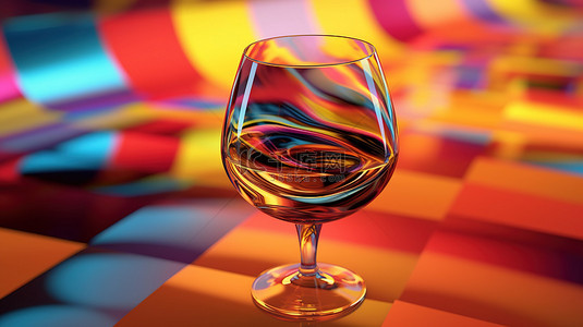 玻璃高脚杯的 3D 渲染，完美适合充满活力的背景上的干邑白兰地和威士忌