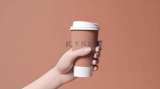 一只手在白色背景下抓着外卖咖啡杯的 3D 卡通风格插图