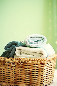 柳条篮背景图片_装满毛巾和布的柳条篮