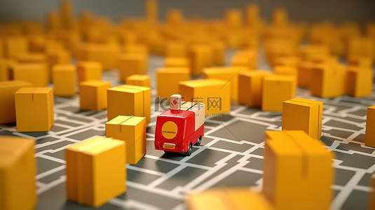 代表在线购物订单交付和跟踪概念的定位销和包裹盒的 3D 渲染