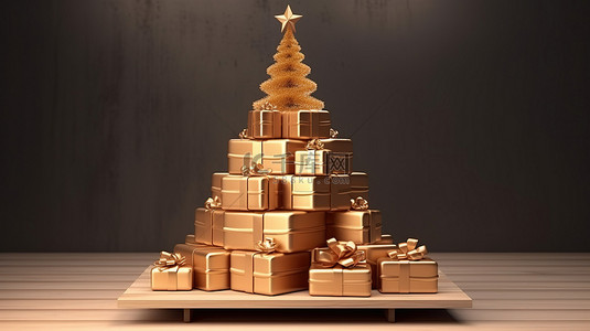 绿色圣诞树背景图片_木制圣诞树上展示的金色礼品套装讲台 3D 渲染的圣诞场景