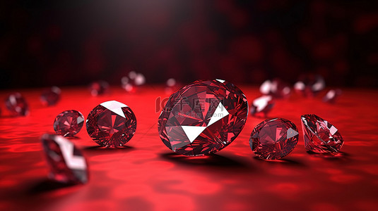 红色背景下闪闪发光的钻石的 3d 渲染