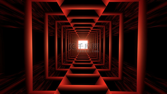 红色对称形状在黑色背景下的抽象 3D 插图中形成几何隧道