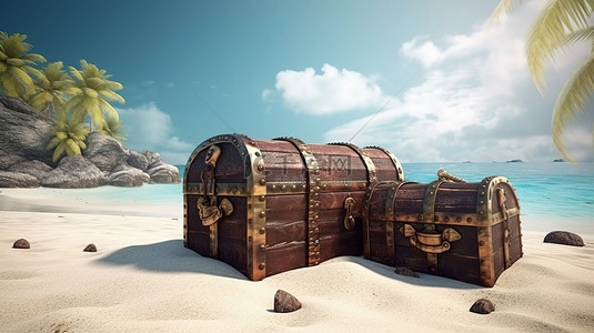 荒岛救人背景图片_海盗宝藏荒岛海滩上的木箱 3D 渲染