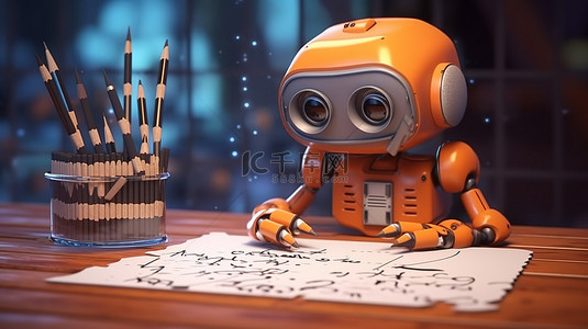 带铅笔的机器人描绘机器学习概念的 3D 渲染