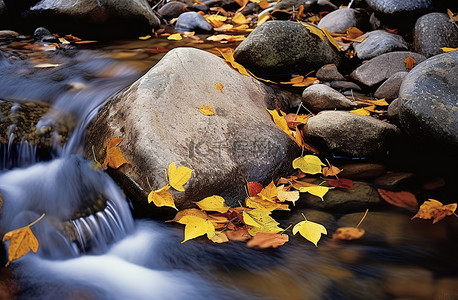 古诗瀑布背景图片_一条小溪，里面流淌着树叶和岩石