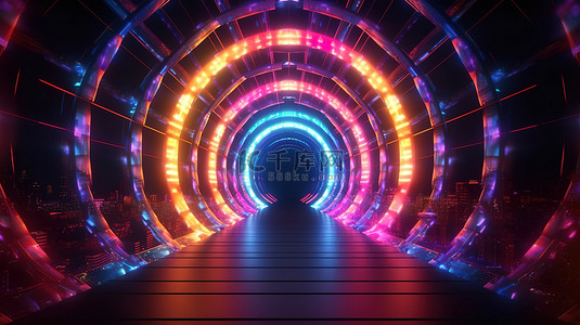 高清光圈背景图片_发光的未来派隧道 3D 几何插图，用充满活力的霓虹灯照明