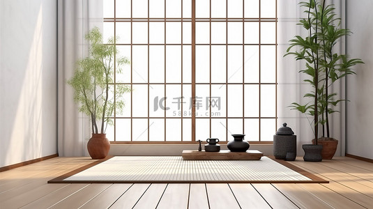 木地板客厅背景图片_日本风格的卧室配有木地板和白墙背景 3D 渲染