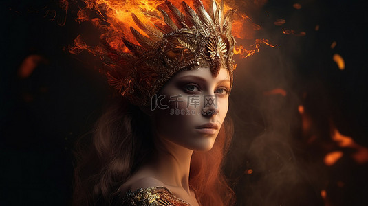 火热女王的 3D 插图肖像在围攻的火焰中坚强地站立