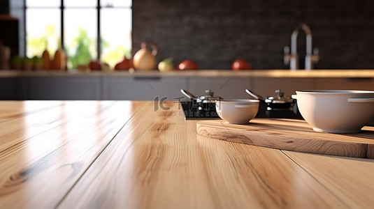 3D 插图中炉灶背景上方木制厨房柜台上照片拼贴的空白空间