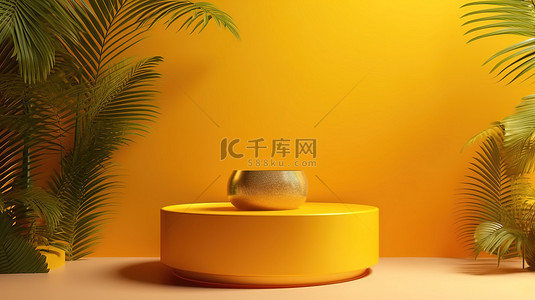 棕榈背景图片_黄色棕榈装饰3D渲染产品展示台