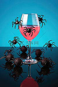 一个玻璃杯，里面有很多黑蜘蛛，周围有一个南瓜