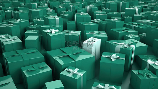 绿色礼物盒背景图片_各种尺寸的绿色礼品盒，在 3D 渲染中装饰着白色丝带