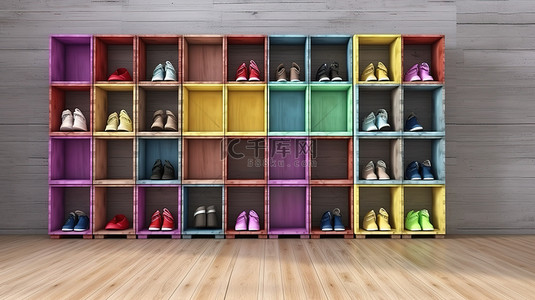 学校背景图片_彩色木制储物柜或盒子中鞋子展示的三维渲染